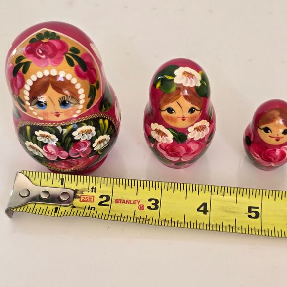 Russian Nesting Dolls Matryoshka Babushka Set of 5 Pink Gold Floral Signed Small - Picture 7 of 16